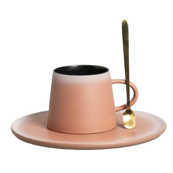 Kaffekop sæt med matchende underkop og gylden ske, kaffekrus til daglig og kontor 7oz (Pink)