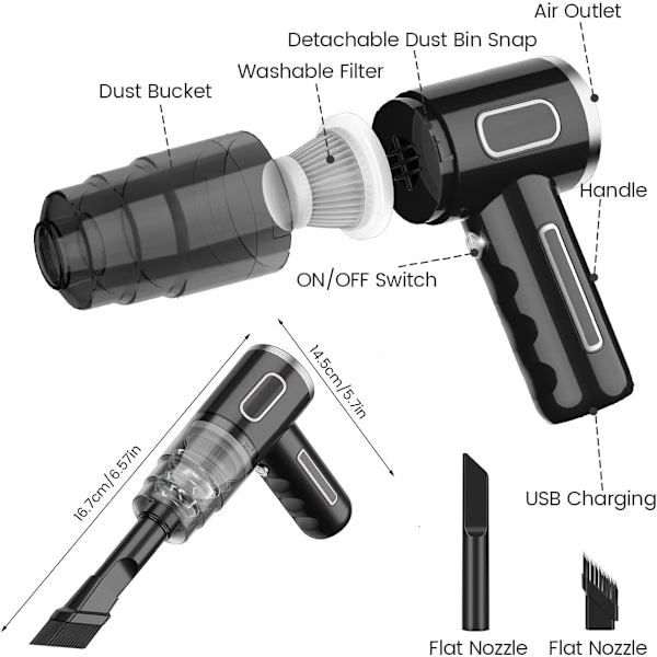 Mini Ledningsfri Håndholdt Bil Støvsuger, Bærbar, USB Genopladelig, 290000 pa, 28W, 36V, Børste (Sort)