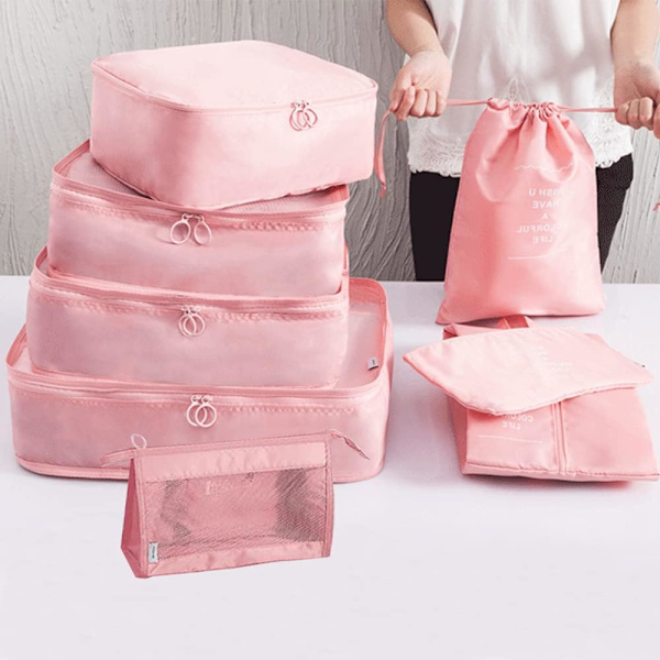Multifunktionell 8-delad rese-set med packningskuber, vattentät resekompressionsväska, resetillbehör, rosa