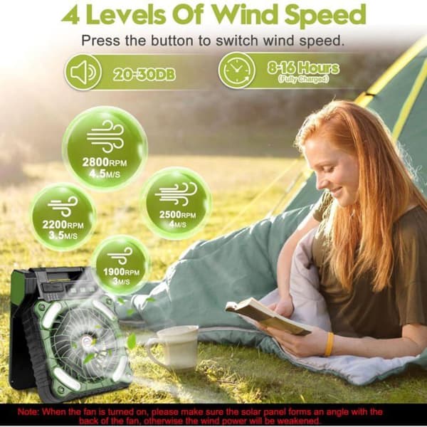 Genopladelig solcelleventilator 5200 mAh Timer og 4 hastigheder Ideel til camping