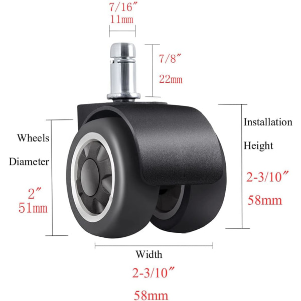 Vaihtotoimiston kumipyörät, joissa on leveämpi rengasrakenne lattioiden suojaamiseen 11 mm x 22 mm Vakiovarren koko, helppo asentaa 5 set