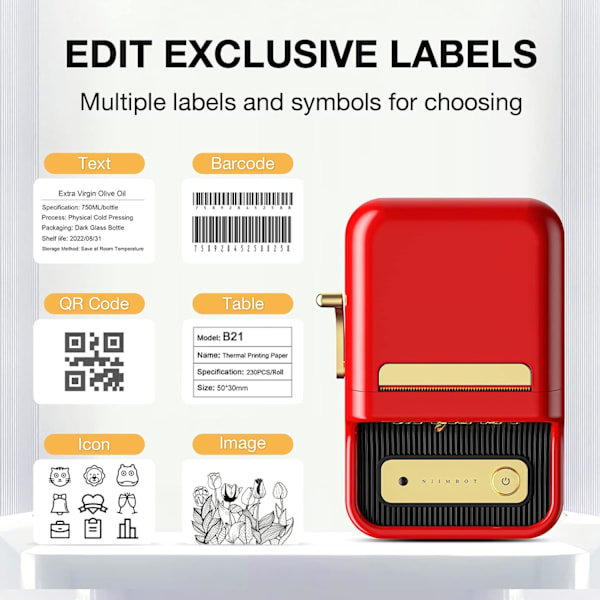 B21 Etiketmaskine, Bluetooth Stregkodeetiketprinter Udskrivningsstørrelse 20-50 mm, Kompatibel med iOS & Android med 1 rulle startpapir i hvid Red