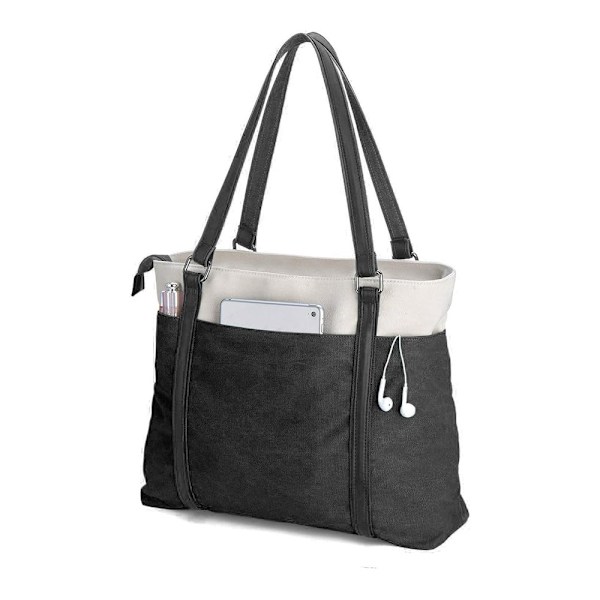 Lett Canvas Spleis Laptop Håndveske for Kvinner 15,7 Tommer Black