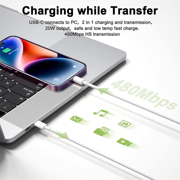 Hurtiglader 20W USB C Hurtiglader Stik og USB C til Lightning Opladningskabel 2M, Velegnet til iPhone13 14 15 13Pro 14Pro 15Pro