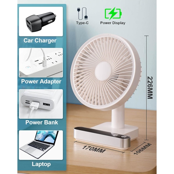 USB Skrivebordsvifte, 5000mAh Oppladbar 4 Hastigheter Strømdisplay Stille Vifter for Soving 120° Rotasjon Oscillerende Stille Sterk Luftstrøm Vifte for Hjemmet