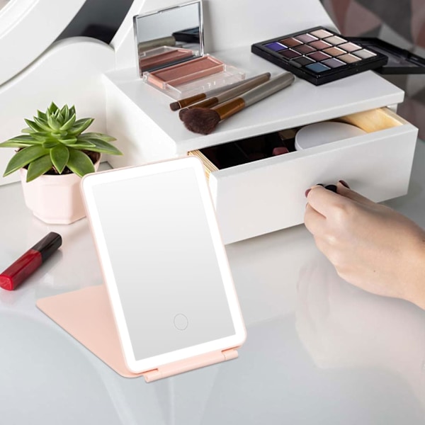 Foldbart Makeup Spejl, Bærbart Belyst Makeup Spejl med 10x Forstørrelse, Genopladeligt Spejl med 3 Lyse Farver (Hvid) White