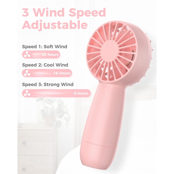 Kädessä pidettävä tuuletin Ladattava minituuletin, sähköinen käsituuletin Kannettava tuuletin 3 nopeudella, vaaleanpunainen