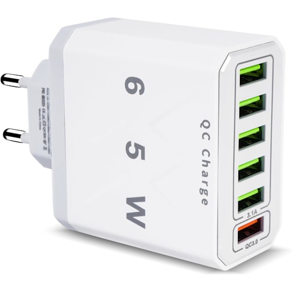 USB-lader, 65W 6-Port USB Hurtiglader med QC 3.0-lader, Universell USB Vegglader for 15 Pro Max 14 Plus 13 12 11 SE XR, iPad, Samsung