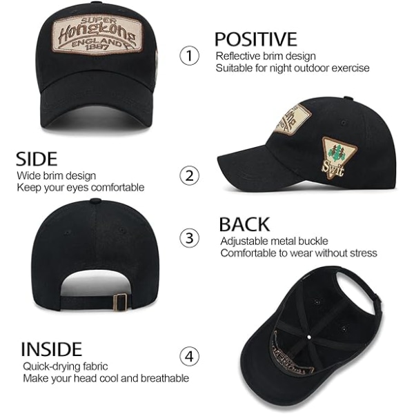 Baseball Cap Trucker Hat Puuvilla Brodeerattu Snapback Casual Anti UV Aurinkohattu Unisex，musta