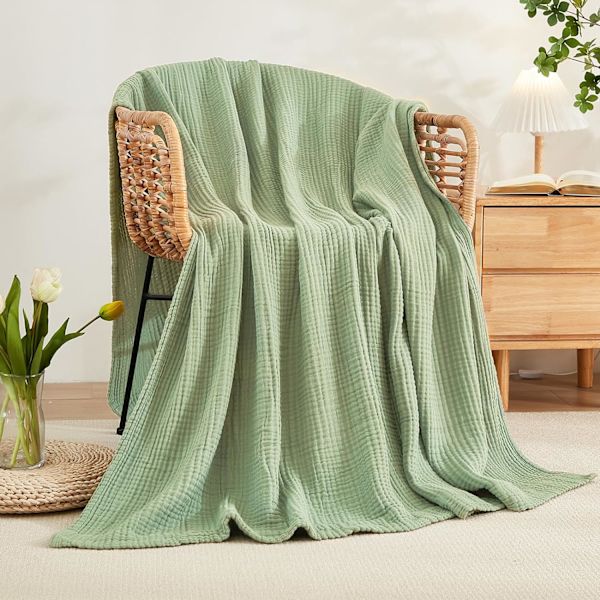 Bomuldskaste Tæppe 100% Muslin Blødt Tæppe til Sofa 4-Laget Åndbart Gaze Tæppe Alle Sæsoner Blødt  (Salviegrøn, 70 x 100cm)Grøn