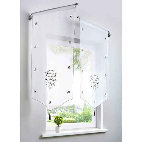 Stykke Polyester Tyndt Gardin, Blomsterbroderi med Kvaster, Korte Gardiner, Vinduesdekoration, Soveværelse/Badeværelse(LxH/80x160cm, Grå/Hvid)