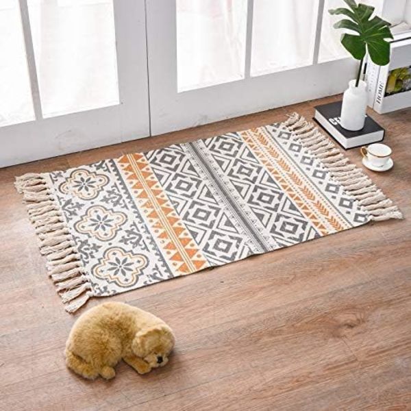 Boho badrumsmatta, 2' X 3' Modern geometrisk Boho-matta, Bomulls vävda tofsar mattor, Maskintvättbar bohemisk matta badmatta