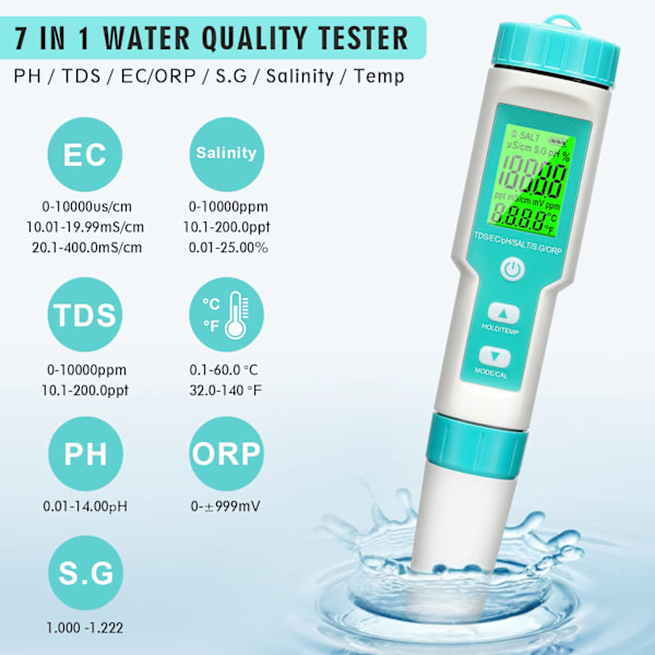 Digital PH-mätare, 7 i 1 PH/TDS/EC/ORP/S.G/Salinitet/Temp-mätare