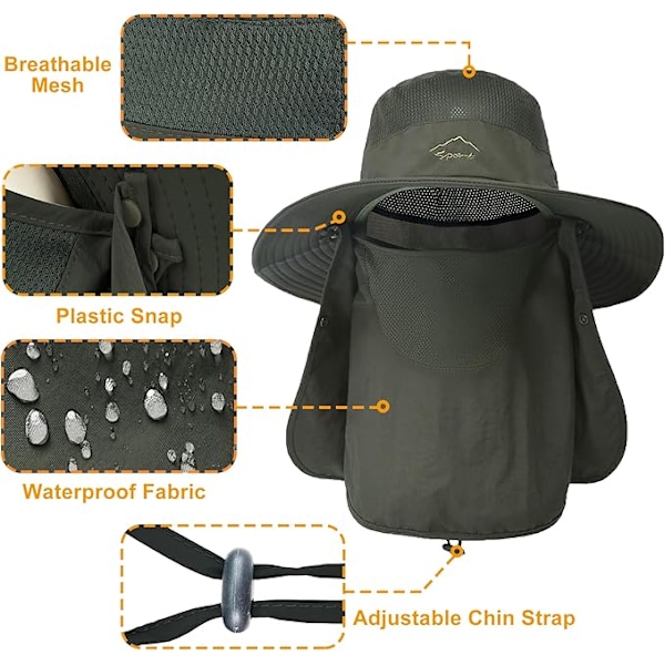 Fiskarhatt med bred brätte och ansiktsskydd, fiskekeps, vandring, solhatt, mesh safari, trädgårdsarbete, vandring, solskydd, packbar bucket hat