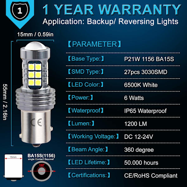 1156 P21w Ba15s 12v-24v 2stk LED Bilpære, 1200 Lumen Hvid 6500K