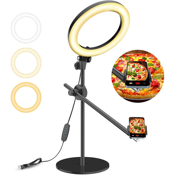 Selfie-ringlampa med stativ och telefonhållare, 10" overhead-LED