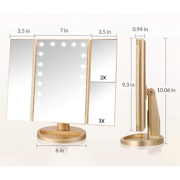 Fällbart sminkbordsspegel med belysning, 1X/2X/3X förstoring, 21 LED-lampor, ljusstark bordspegel med pekskärm, 180° justerbar rotation
