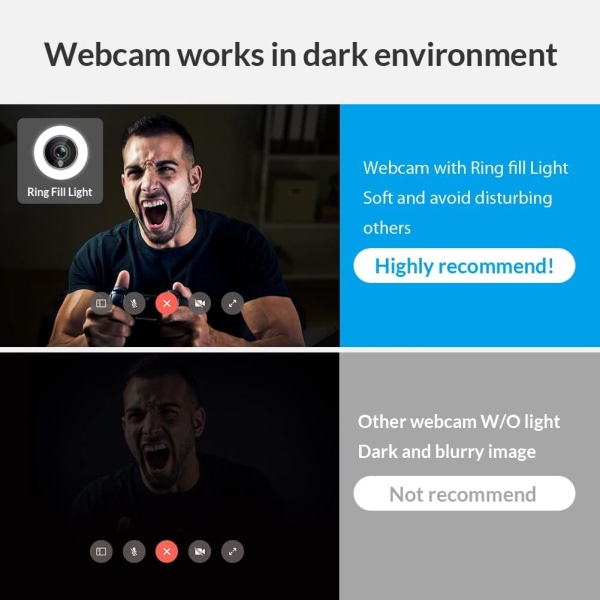 Webkamera 1080P HD med innebygd justerbar ringlys, mikrofon og avansert autofokus (AF) for streaming på Xbox One, Facebook og YouTube