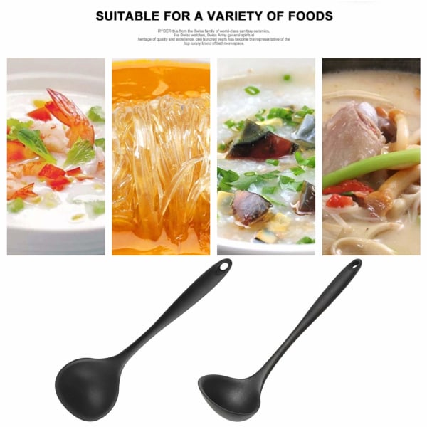 Suppeske, Non-Stick Silikoneske Varmeresistent Køkkenske Ergonomisk Serveringsske Suppeske Ske med behageligt greb Sort