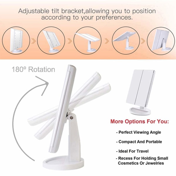 Sminke speil med LED lys speil med berøringsskjerm forstørrelse 30% brett 2X 3X 10X forstørrelse 180° fri rotasjon dobbel strøm (hvit)