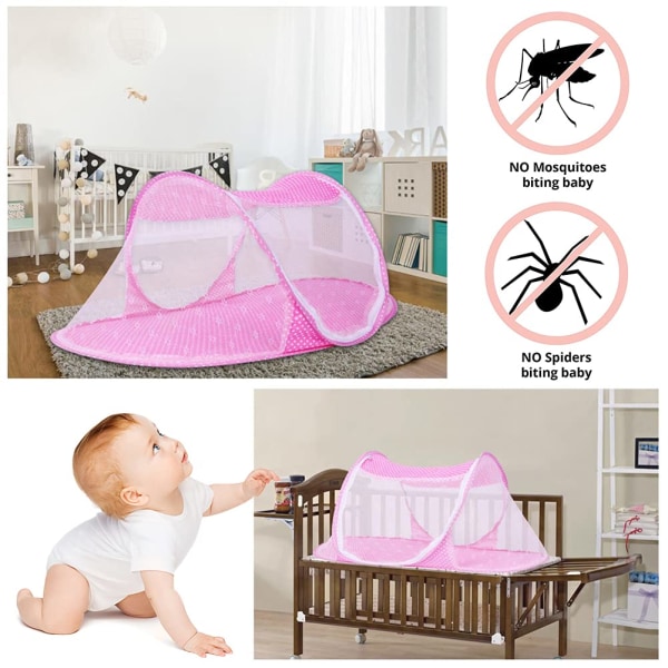 Baby sängyn hyttysverkko, kokoontaitettava baby hyttysverkko, kannettava telttahyttysverkko, helppo asentaa, sopii perhehuoneeseen, ulkomatkoille (vaaleanpunainen)