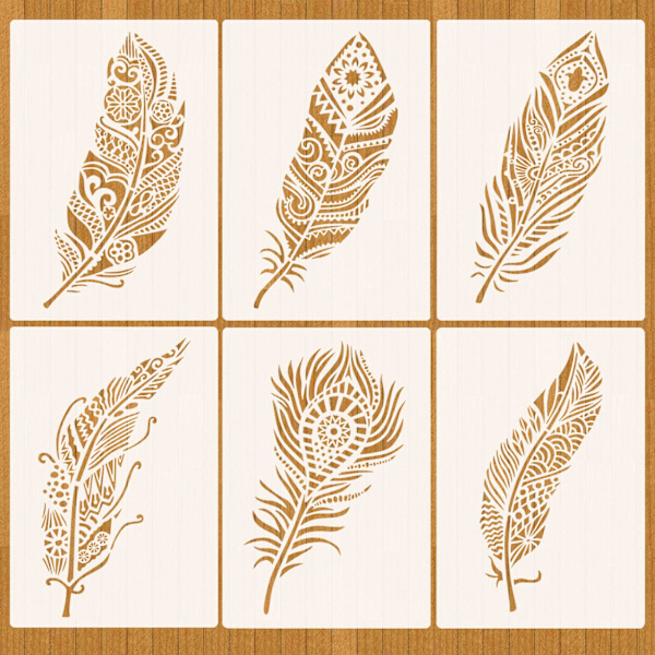6 stk. Mandala fjer stencils til maling på træ (26x17,8 cm)