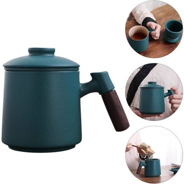 Keramisk Tekopp med Te-infuser og Lokk Tekrus Kopper i Trehåndtak Pottetekopp med Filter Kaffe Krus Melkekrus, 400ml