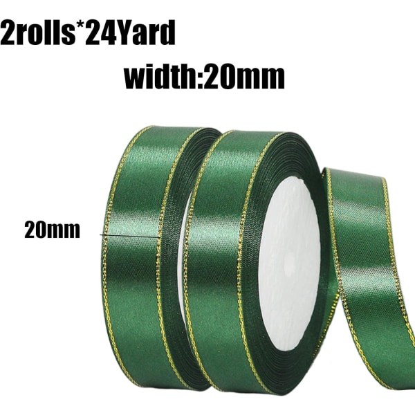 2Rullar 20mmx22m grönt band med guldkant,juldubbelsidig satinbandrulle för hantverk DIY,julband för presentupppackning