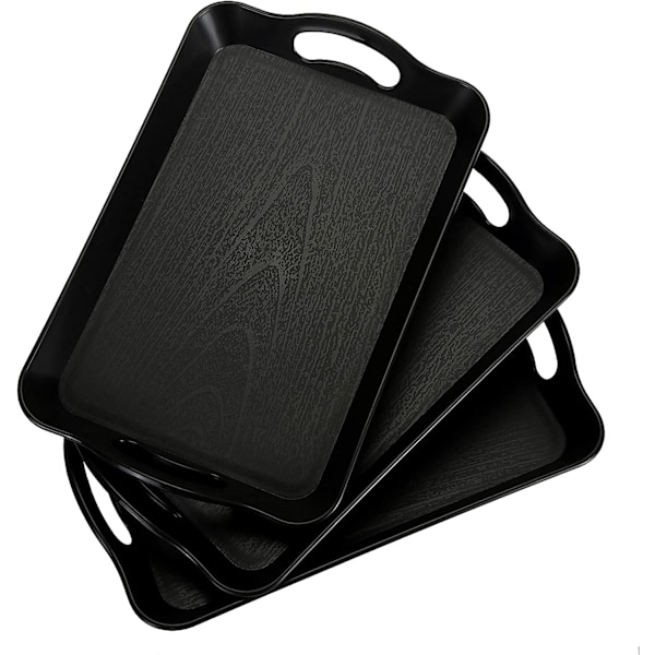 3-pack svarta serveringsbrickor med handtag, 40,6 x 28 x 3 cm rektangulär halkfri mångsidig plastbricka