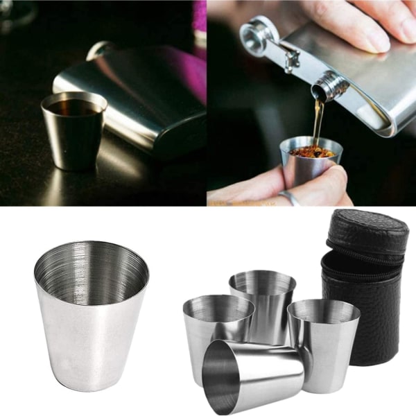 4 stk 30 ml rustfrie stålskuddglass Uknuselige vinglass Schnapps-kopper med 1 stk bærbar svart lærveske sett