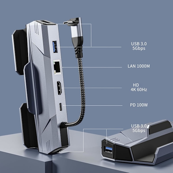 6-i-1 Dockingstasjon Hub for SteamDeck med USB A, USB C, 4K, HDMI 2.0 og Gigabit Ethernet-port