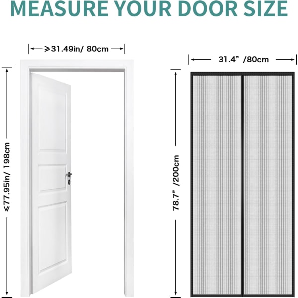 Magnetisk dørskjerm 80 x 200 cm, kraftig fluedørskjermnett med kraftige magneter, slitesterke nettgardiner holder insekter ute, rammekrok og løkke