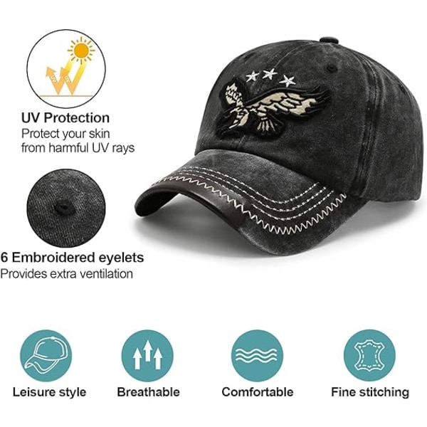 Miesten Distressed Baseball Cap, Unisex Casual Cotton Embroidery cap，musta