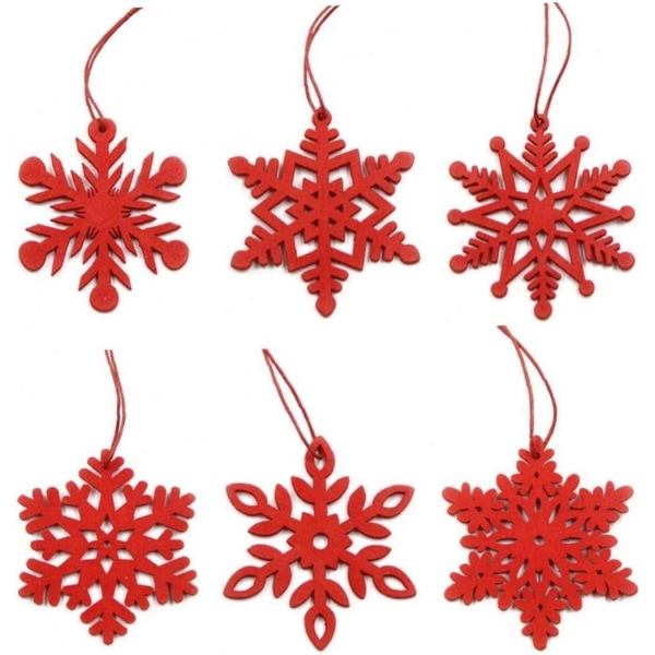 6 kpl Joulupuiset lumihiutaleriipukset, punainen, käsintehty