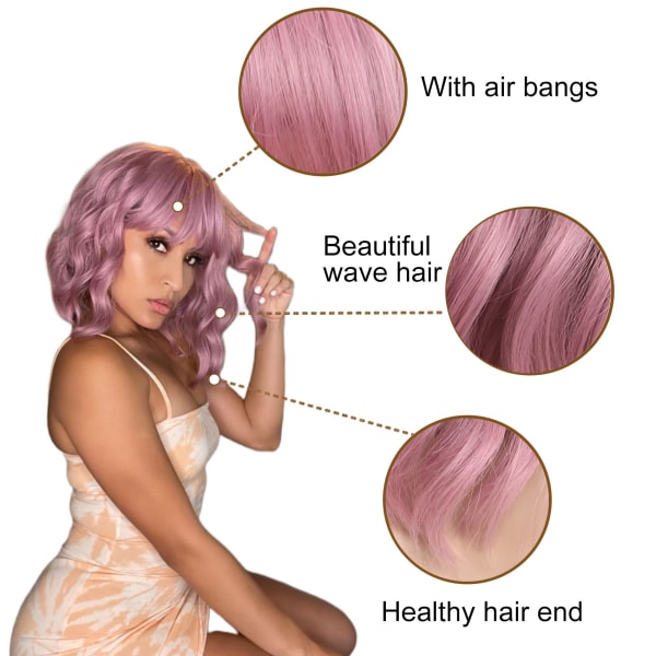 Pastellin aaltoileva peruukki Air Bangsilla Naisten lyhyt violetti vaaleanpunainen peruukki