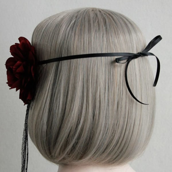 Masquerade Mesh Veil Hovedbånd med Bourgogne Blomst Sort Blonder