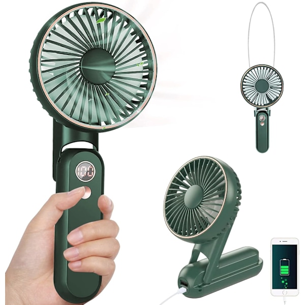 Bærbar Håndholdt Ventilator, Batteridrevet Lille Håndholdt Ventilator 180° Justerbar 5 Hastigheder, 3600mAh USB Genopladelig Foldbar Ventilator med Display, Mini Ventilator