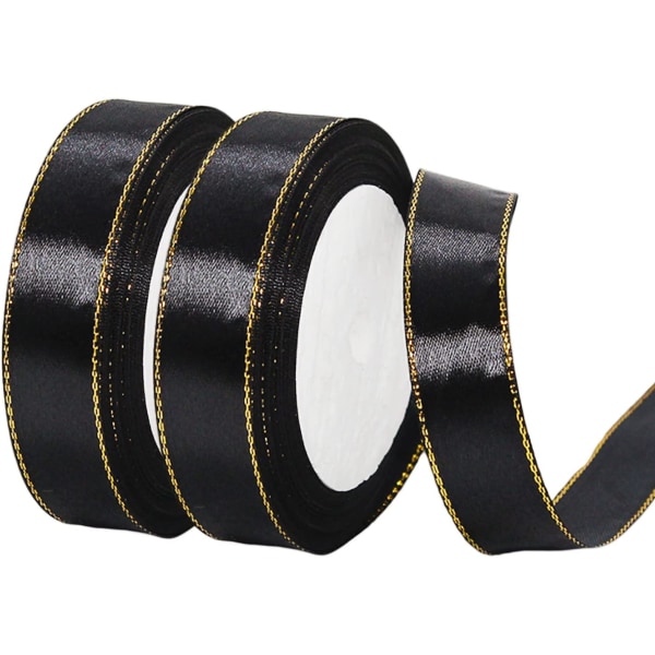 2x22m svart band 20 mm med guldkant för presentinslagning, satängband Svart halloweenband Dekorativt ballongband Tårtaband Tyg Tjockt band