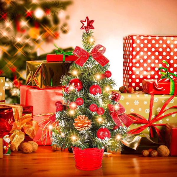 Mini kunstigt juletræ, lille juletræ med LED lys, mini bordplade træ dekoration til kontor, bar, 40 cm (rød)