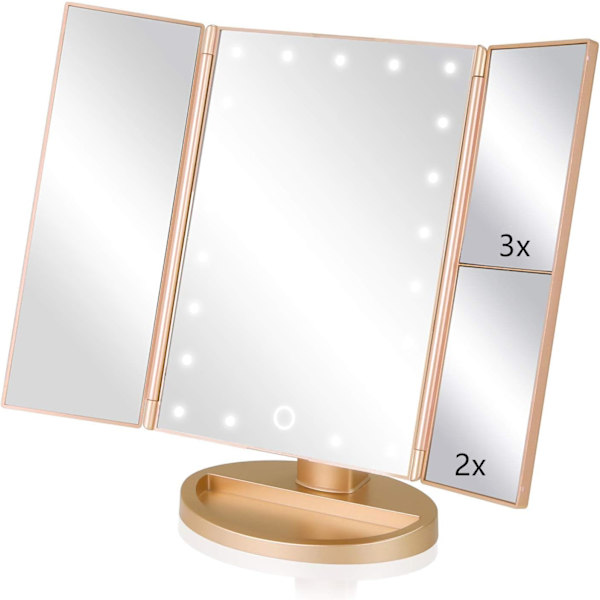 Folds Belyst Makeup Spejl, 1X/2X/3X Forstørrelse, 21 LED Lys Bord Spejl med Touch Skærm, 180 Justerbar Rotation
