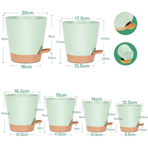 6 st självvattnande krukor för inomhusbruk, blomkrukor i plast, gröna