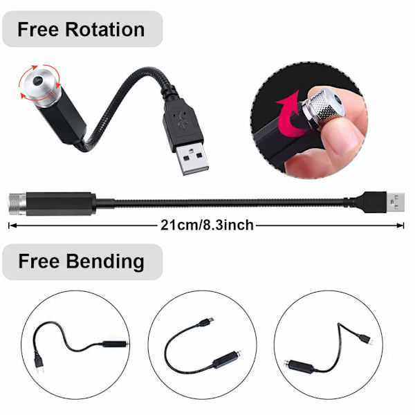 2-pack USB-stjärnprojektor LED-nattlampa för bilens innertak