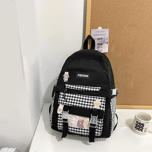 Kawaii Harajuku Rygsæk Sød Ternet Studenter Rygsæk (Sort)