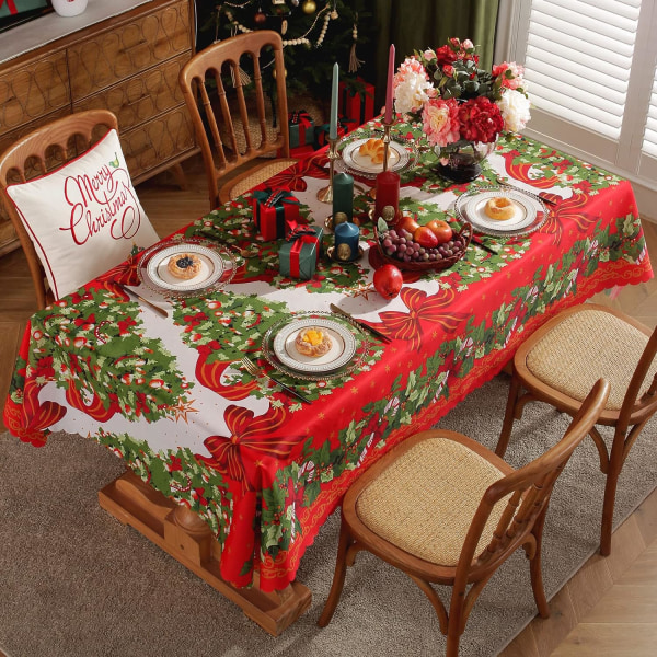 Juleduker Rektangulær bomull Xmas duker 180 x 150 cm - Stort rødt bordtrekk Vanntett, vaskbart