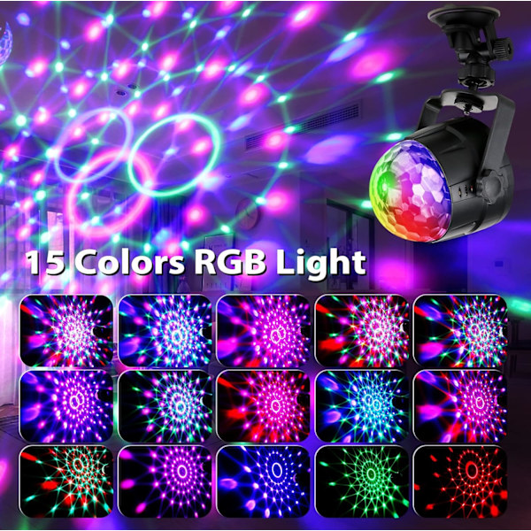Discolys, Lydaktiverte LED Discokulelys med 4m USB-kabel og sugekopp, Fjernkontroll Partylys
