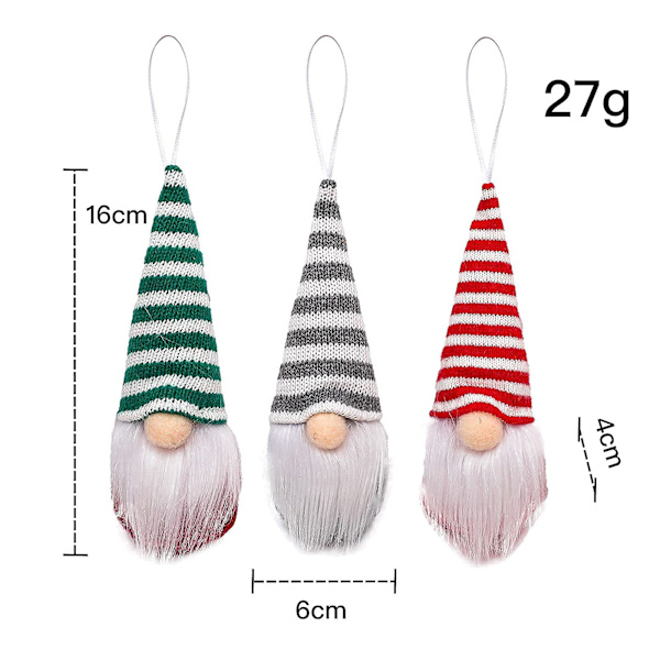 Sett med 3 nissefigurer til å henge på juletreet (nissefigurer med striper)