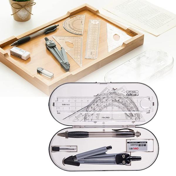 Geometriska kompassset, pedagogiska material, matematiskt gradskiva set, linjal set, penna, suddgummi, vässare för skolan (8-delars set, svart)