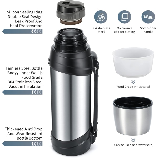 2,5 l isolerad flaska i rostfritt stål för resor med BPA-fri kopp - överdimensionerad vakuumflaska