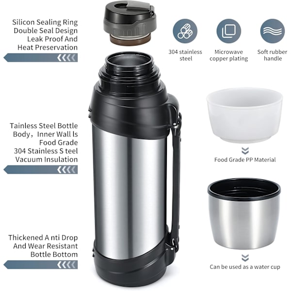 2,5 l Isolerad Termosflaska i Rostfritt Stål för Resor med BPA-Fri Mugg - Stor Vakuumflaska silver