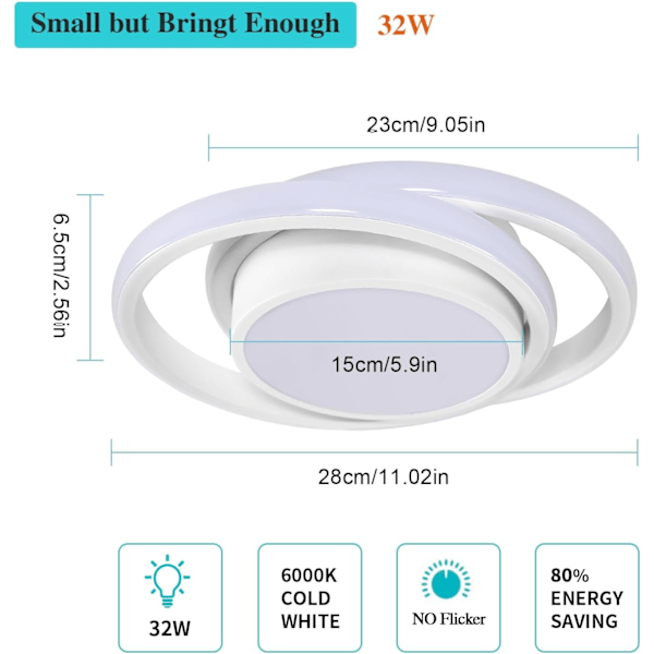 LED Taklampe, 32W 2350LM Lysarmatur, 28cm Diameter Rund Moderne Design Taklampe, Kaldhvit 6500K